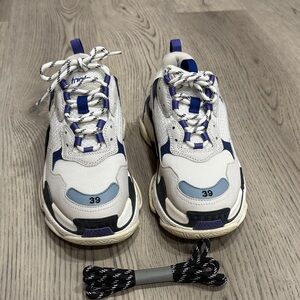 Balenciaga White Blue and Light Gray Triple S Sneakers